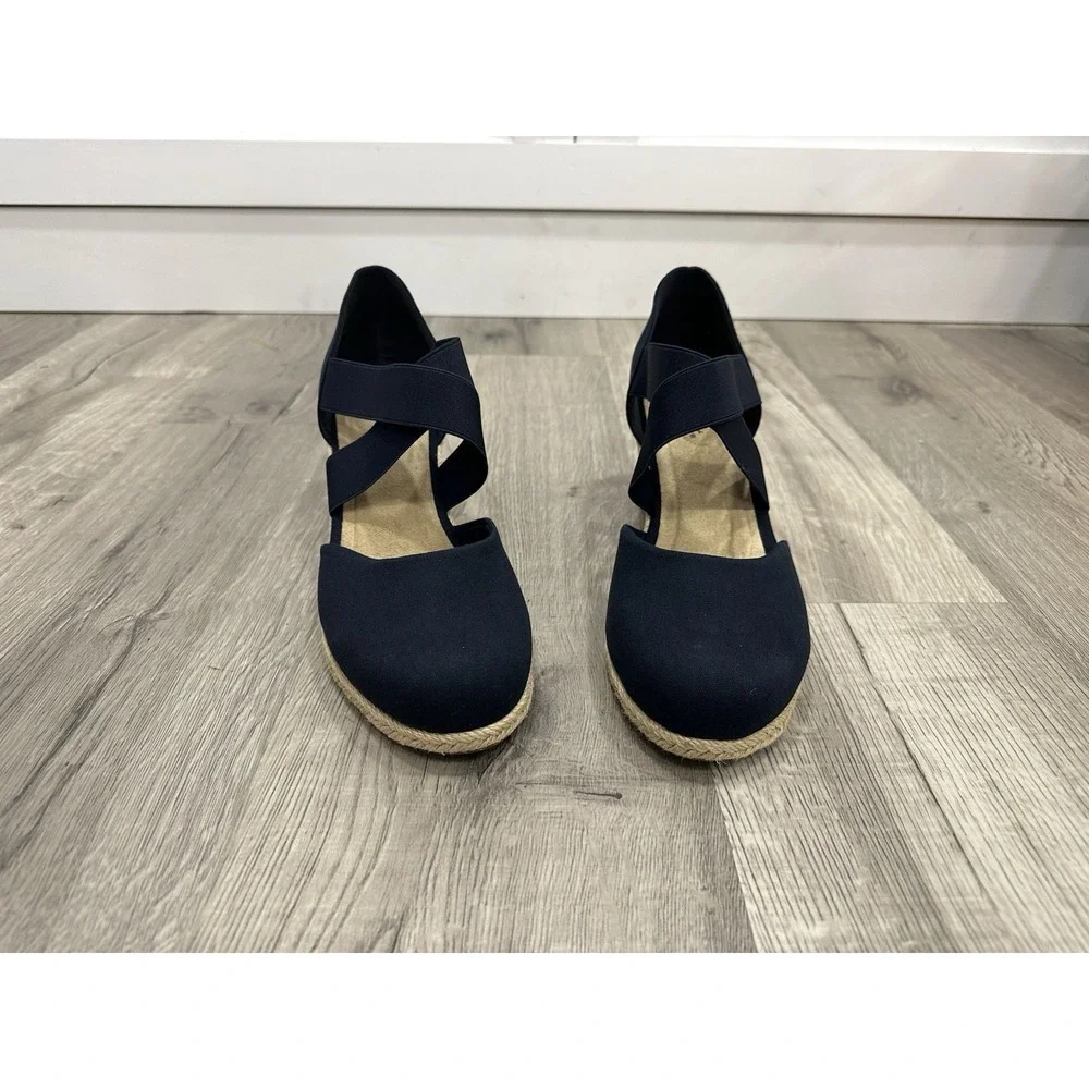 New! Easy Street Navy Espadrille Wedge Sandals size 11w